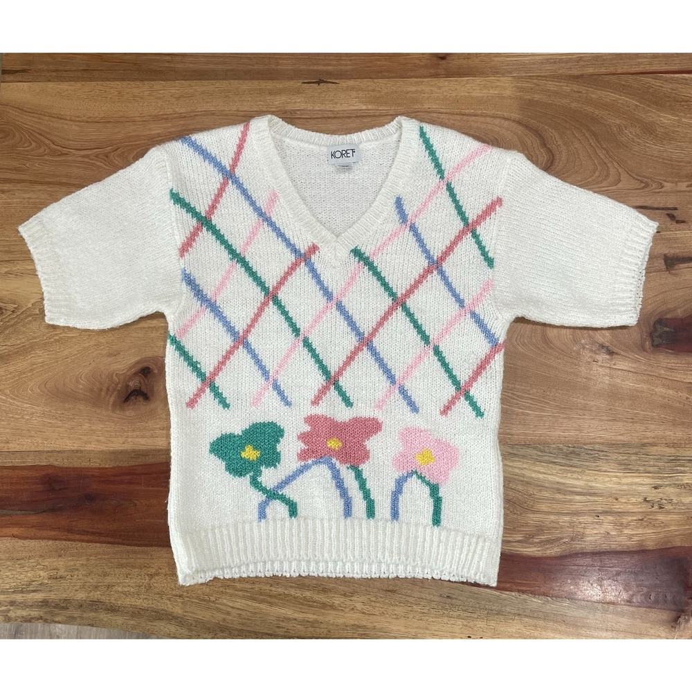 Vintage Koret Pastel Argyle Floral Knit Sweater White 80s 90s Size L